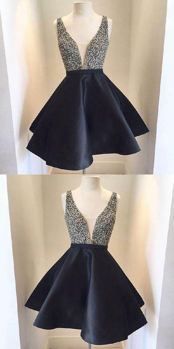 A-Line V-Neck Open Back Black Homecoming Dresses Laylah Satin Short With Beading DZ1723
