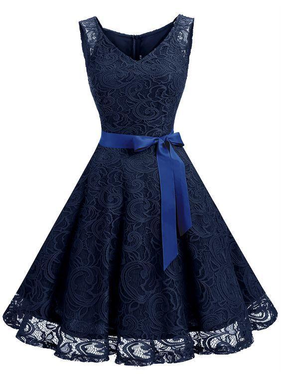 Floral Belted Party Swing Homecoming Dresses Anabel Lace Dress V Neck Sleeveless DZ17528