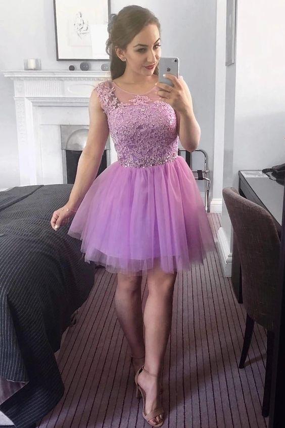 Pretty A-Line Anabel Homecoming Dresses Round Neck Lilac Tulle With Appliques And Beading DZ17955