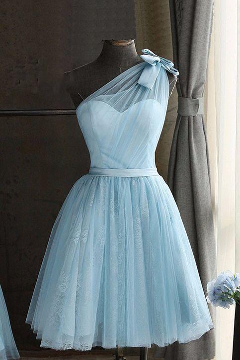 Baby Blue Tulle One Shoulder Short Homecoming Dresses Mavis Bowknot Party Dress DZ1809