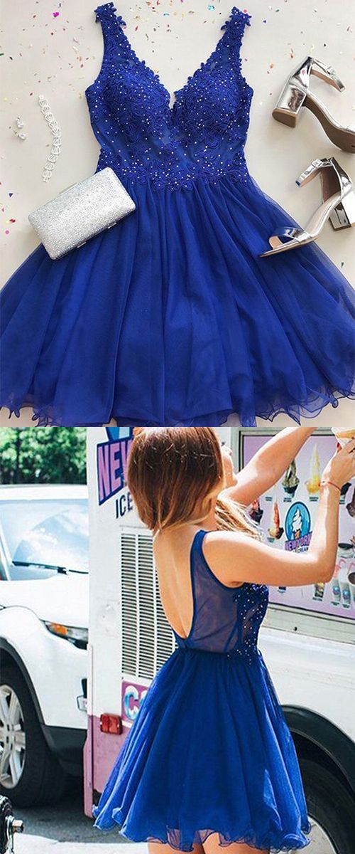A-Line V-Neck Short Backless With Royal Blue Homecoming Dresses Roberta Appliques DZ1844