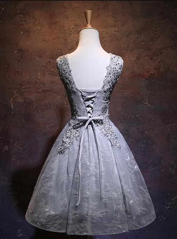 Light Grey Short V-Neckline Applique Party Dress Homecoming Dresses Fatima Lace Grey 2024 DZ18782
