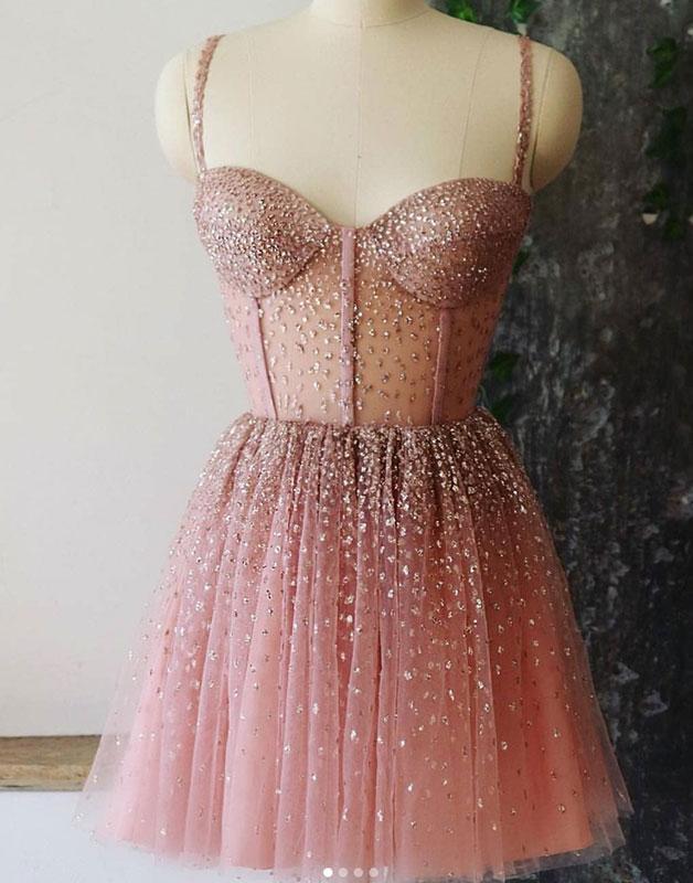 A-Line Spaghetti Straps Short Kiana Homecoming Dresses Pink Dresses Dusty Beaded DZ1880