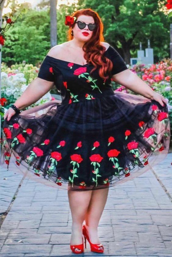Short Plus Size Off The Shoulder Black And Rose Floral Angela Homecoming Dresses Embroidered DZ19214