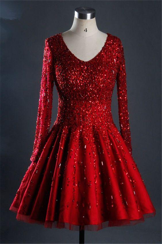 Gorgeous Satin Homecoming Dresses Taryn Ball Gown Short Red Tulle Beaded Dress With Sleeves DZ19432