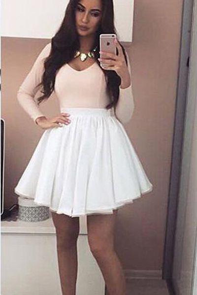 Homecoming Dresses Kendall Pink V-Neck Long Sleeves Mini Grad With White Skirt DZ1958