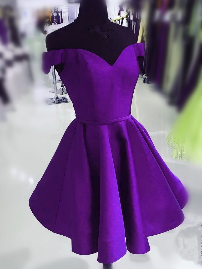 Purple Lillianna Satin Homecoming Dresses Off Shoulder Short Cute DZ19924