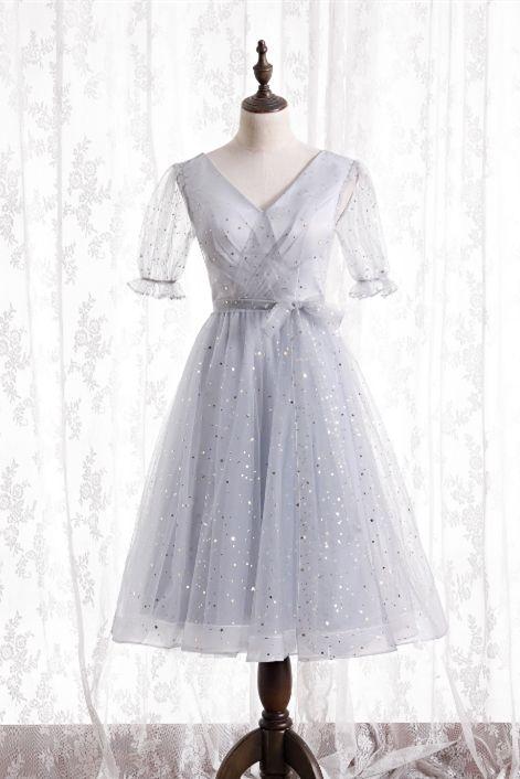 Silver A-Line Short Party Dress Birthday Dress With Short Sleeves Homecoming Dresses Regina DZ20247