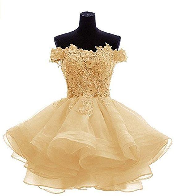 Elegant Yellow Appliques Tulle Dress Ruffles Off Shoulder Short Amy Homecoming Dresses DZ2063