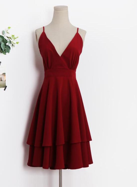 Beautiful Dark Chiffon Aria Homecoming Dresses Red V-Neckline Layers Women Dresses Fashion Women DZ2088