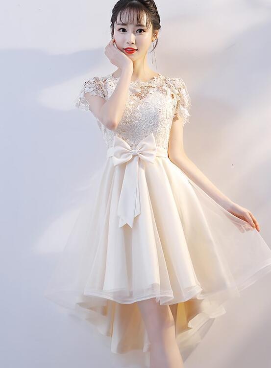 Lovely Champagne Tulle High Low Party Dress Piper Homecoming Dresses Lace Cute With Bow DZ2090