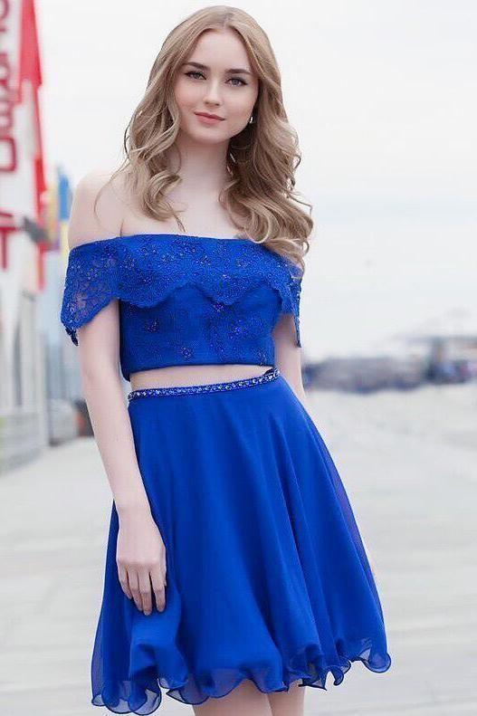 Two Piece Dress Sexy Short Party Dress Homecoming Dresses Royal Blue Lace Phoebe For Party DZ2133