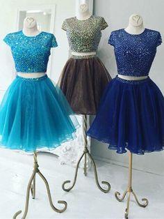 Beautiful Two Piece Royal Blue Homecoming Dresses Adrienne Stunning Two Piece Jewel Cap Sleeves Short Organza DZ2135