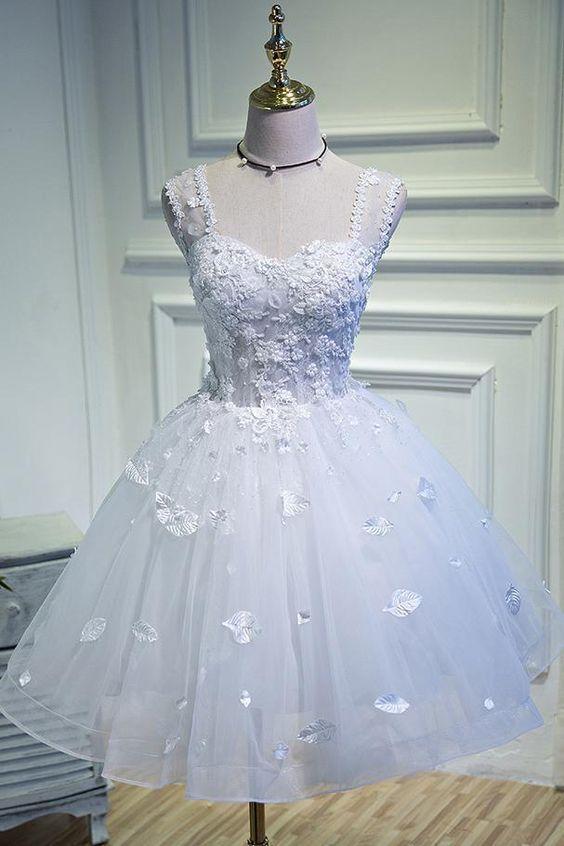 Simple Sweetheart White Up Beads Appliques Homecoming Dresses Tiana Lace Tulle Straps DZ21485