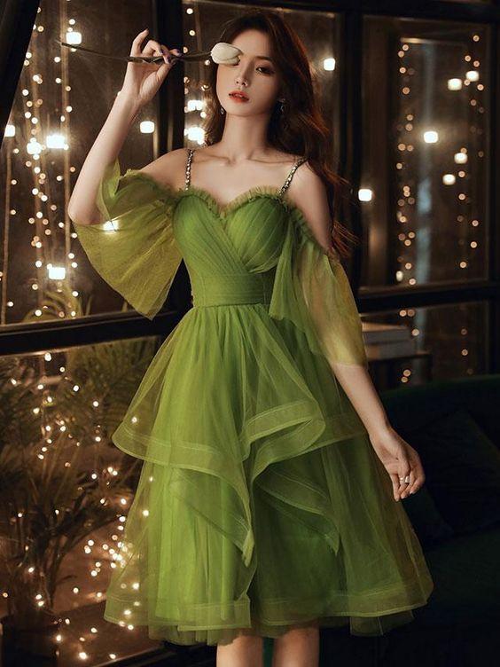 Green Tulle Short Jamiya Homecoming Dresses Layers Straps Short Party Dress Cute Short Green DZ22336