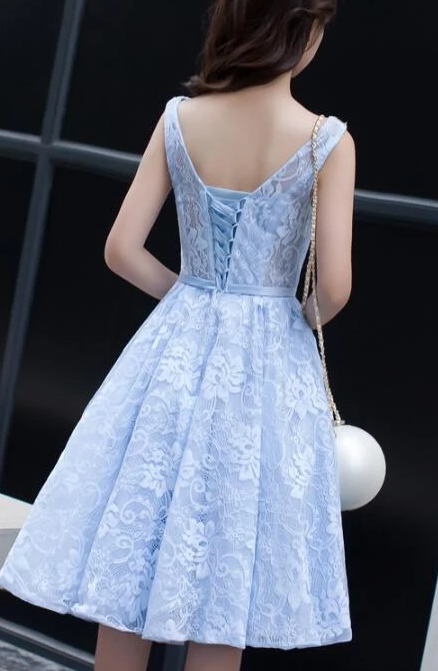 Light Blue Knee Length Round Homecoming Dresses Lace Carla Neckline Party Dress Charming Blue DZ2246