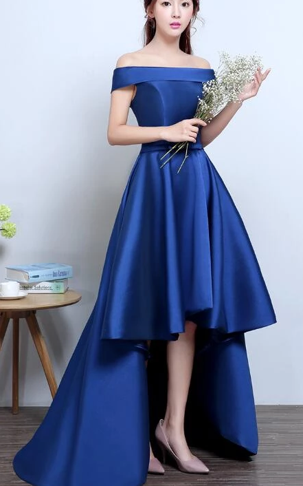 Blue Satin Caylee Homecoming Dresses Lace High Low Simple -Up Formal Dress DZ2247