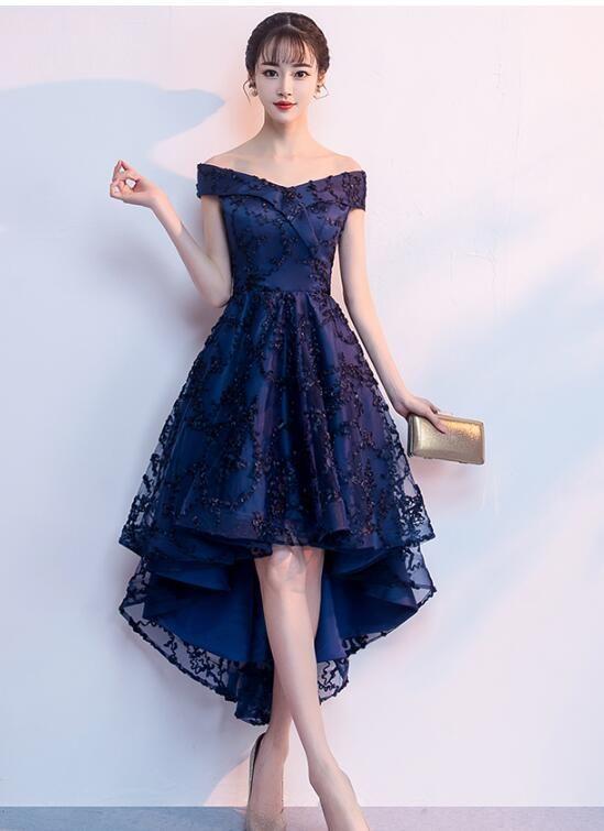 Navy Blue High Low Chic Beautiful Party Lace Danielle Homecoming Dresses Dresses DZ22627