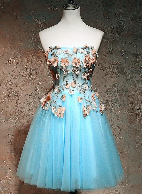 Light Blue Flowers Cute Homecoming Dresses Marely Tulle Knee Length Party Dress Blue Floral DZ22711