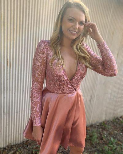 V Homecoming Dresses Holly Pink Neck Blush Long Sleeves DZ22866