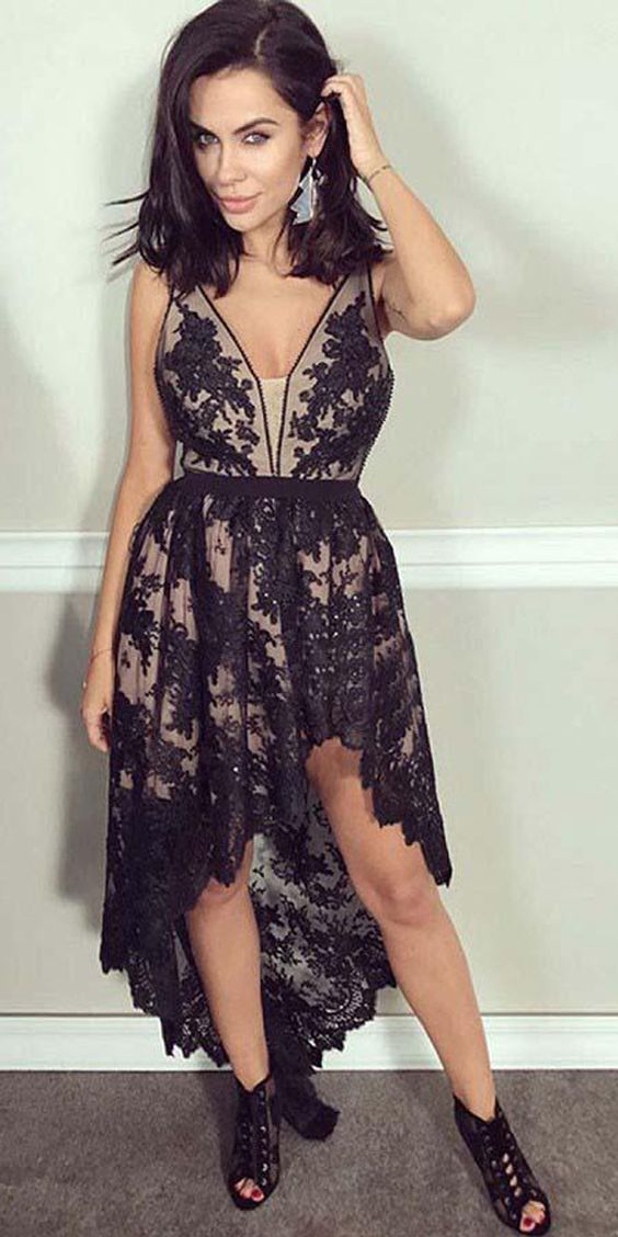 A-Line V-Neck High Low Black Kay Homecoming Dresses Lace With Beading DZ2312
