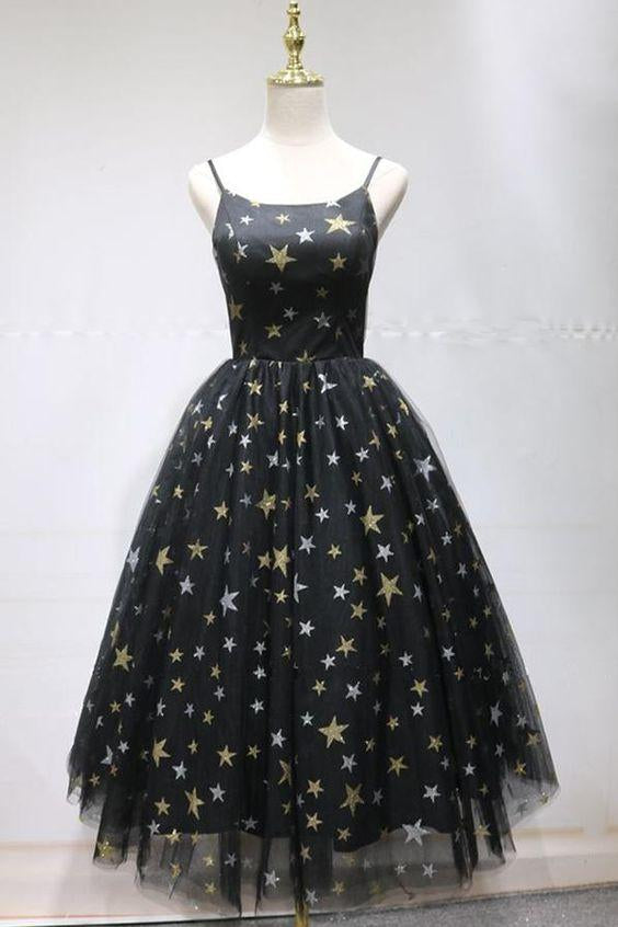 Cocktail Val Homecoming Dresses Unique Black Star Printed Tulle Open Back Short Dress DZ23293