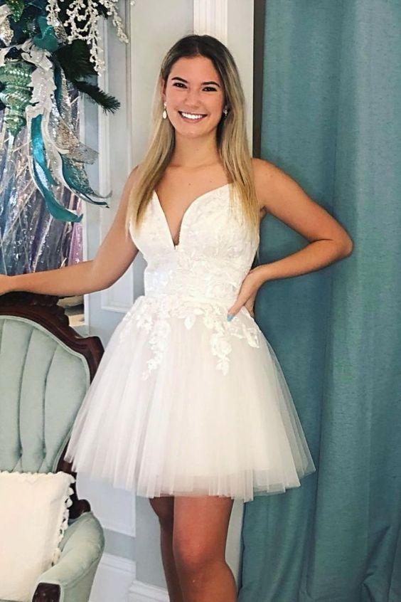 White A-Line Short Lace Homecoming Dresses Libby Appliques DZ23402