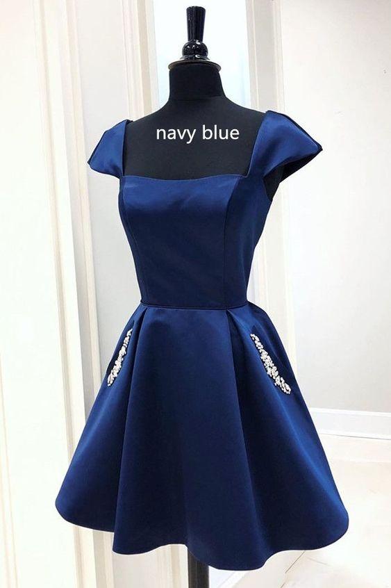 Navy Blue Short A-Line Homecoming Dresses Satin Jaden With Cap Sleeves And Beaded Pockets DZ23512