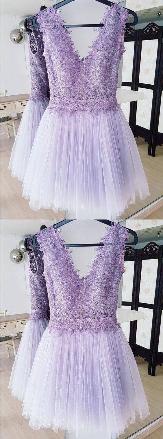 A-Line Kiersten Homecoming Dresses Lace Deep V-Neck Backless Lilac Short With DZ23542