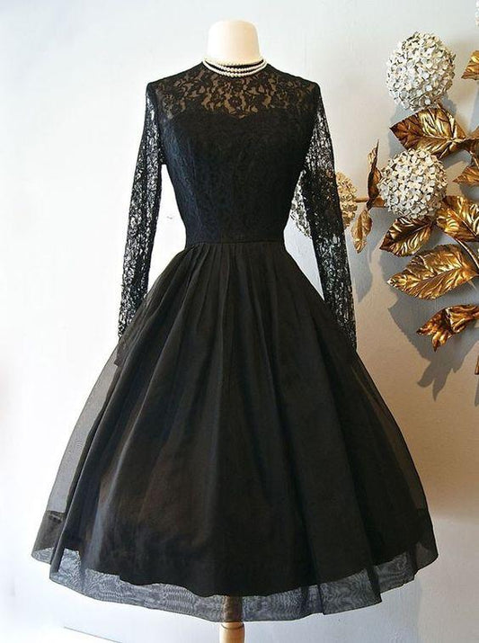 Vintage Style A-Line Knee-Length Lace Homecoming Dresses Abagail Long Sleeves Black With DZ23633