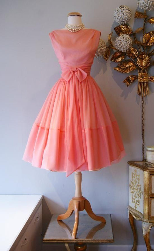 1950S Vintage Ball Gown Jamie Cocktail Homecoming Dresses Crew Neck Coral Mini Short Dresses