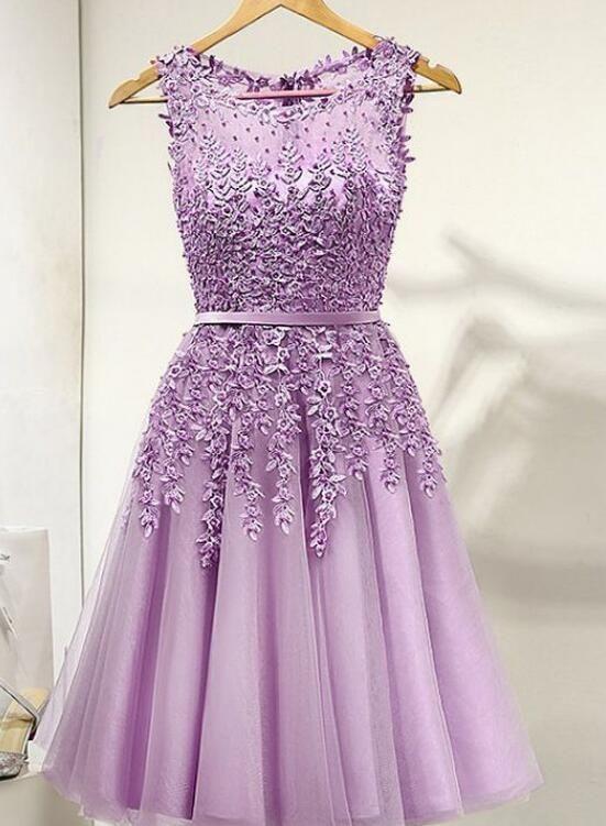 Purple Nell Homecoming Dresses Lace Round Neckline Tulle Short Beaded Knee Length DZ23746