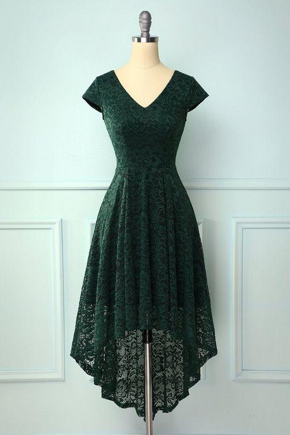 Dark Green Arielle Homecoming Dresses Lace High Low DZ23986