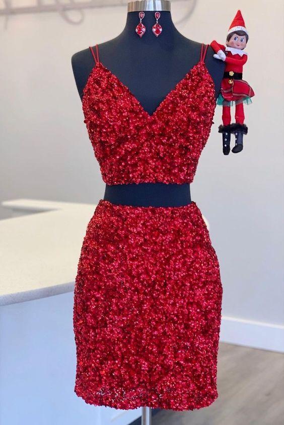 Two Piece Red Sequined Homecoming Dresses Rose Dress DZ24085