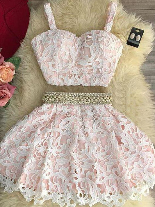 Cute Short Homecoming Dresses Pink Erica Lace Two Pieces DZ244