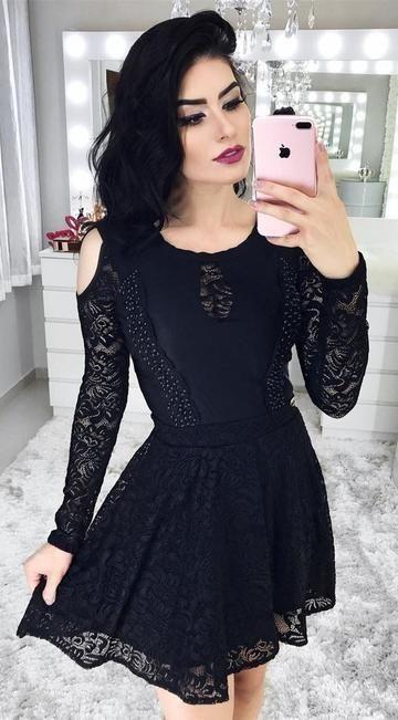 Long Sleeve Black For Teens Homecoming Dresses Emma Cold Shoulder Little Black Dress Semi Formal Dress For Junior DZ24438