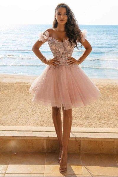 A-Line Floral Tulle Off-The-Shoulder Short Pink Homecoming Dresses Julianna Lace DZ24501