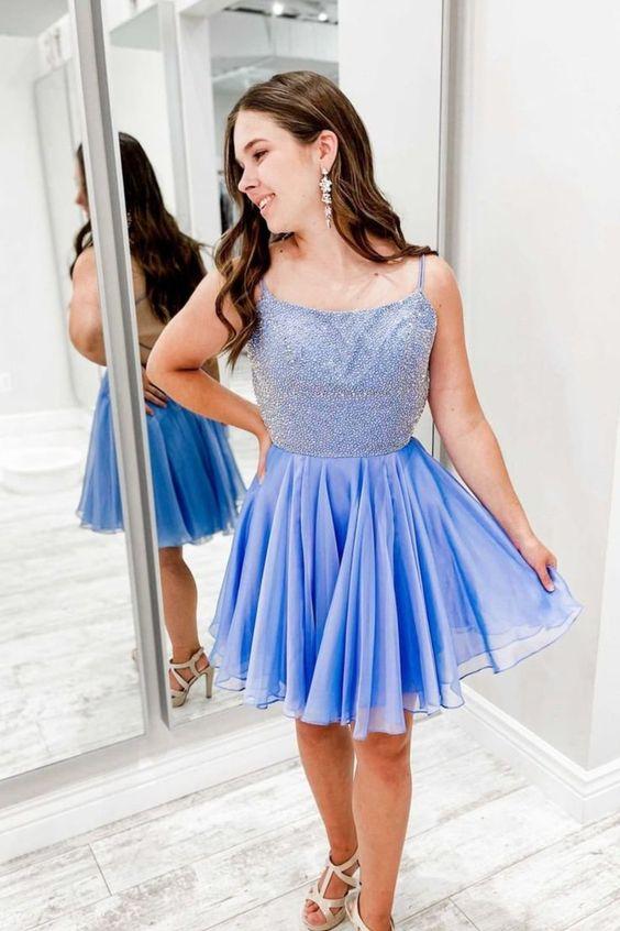A-Line Blue Short With Spaghetti Straps And Homecoming Dresses Chiffon Ruby Beaded Bodice DZ24530