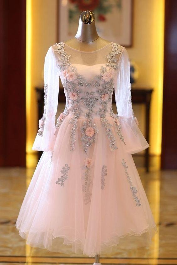Pink Homecoming Dresses Hannah Adorable Tulle Knee Length Long Sleeves Party Dress DZ24614