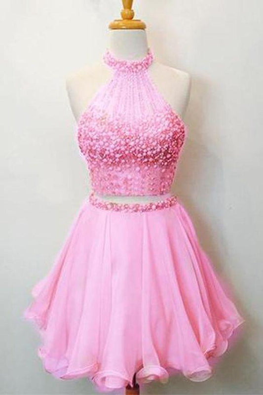 Hot Two Piece Halter Beaded Scoop Neck Pink Angeline Homecoming Dresses Keyhole Back DZ24615