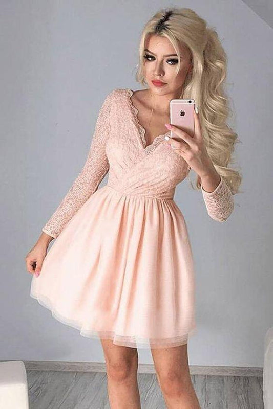 A-Line V-Neck Tulle Long Sleeves Tulle Homecoming Dresses Lace Charity Pink With DZ24663