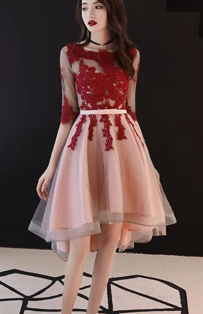 Beautiful 1/2 Sleeves High Low Red Party Dress Short Krista Lace Homecoming Dresses DZ2507