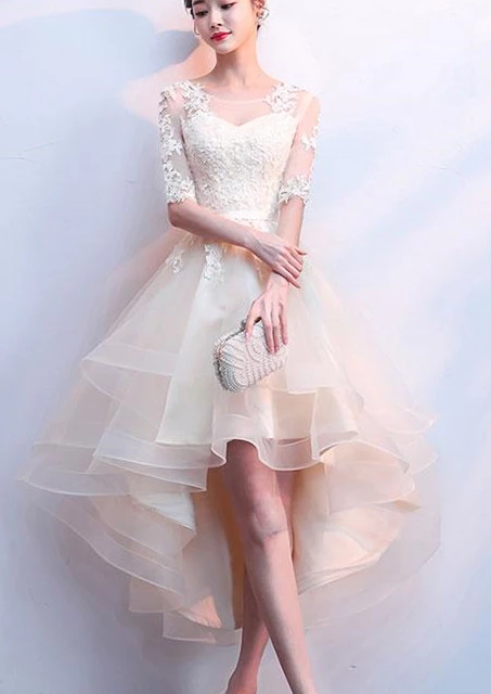 Cute Champagne And Tulle Homecoming Dresses Lace Ansley Short Sleeves Party Dress DZ2509