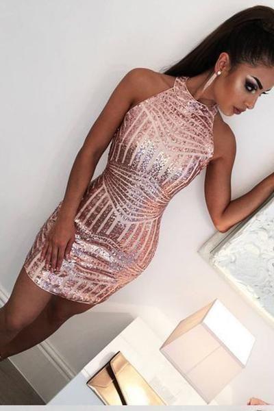 Homecoming Dresses Kate Sexy Halter Sleeveless Open Back Tight Short Rose Gold With Sequins DZ2589