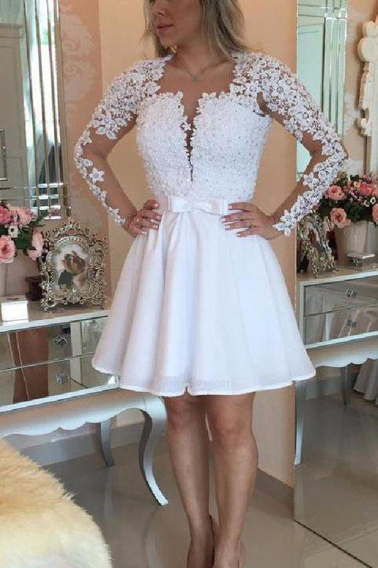 Short Homecoming Dresses Lace Abigayle White Party Dresses Mini Open Back Long Sleeves Sexy Deep V-Neck Party Dresses DZ265