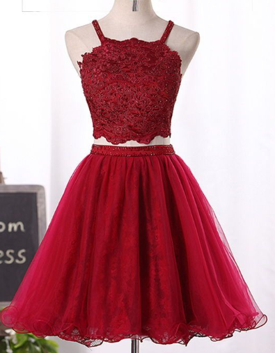 Wine Red Two Piece Tulle And Brielle Lace Homecoming Dresses Lovely Party Dresses 2024 DZ2713