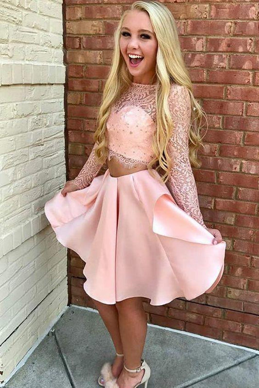 Lace Rubi Homecoming Dresses Pink Two Piece Jewel Long Sleeves Short With Party Dress DZ2728