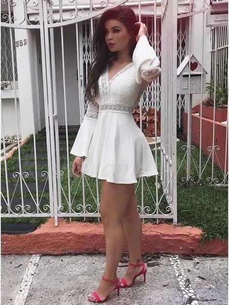 A-Line V-Neck Bell Sleeves Marely Homecoming Dresses Lace Short White With DZ2762