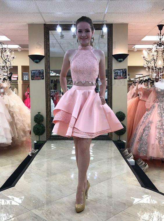 Two Piece High Neck Pink Lace Helen Homecoming Dresses Above-Knee With Pockets DZ2832