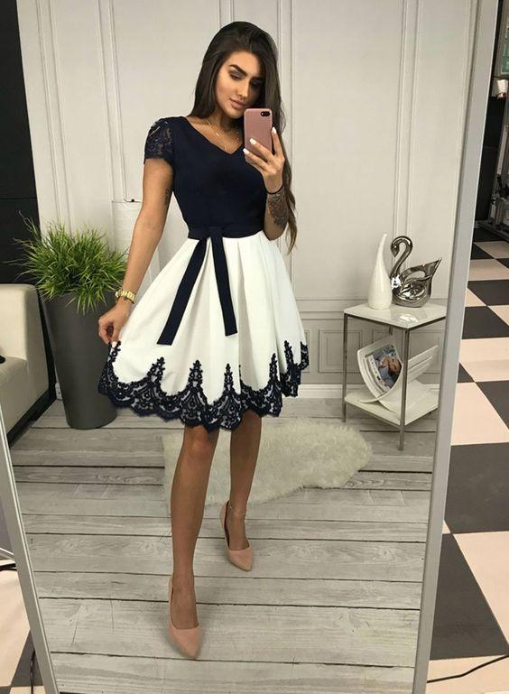 Cute V Neck Black And White Short Dress Lace Rosie Homecoming Dresses DZ2876